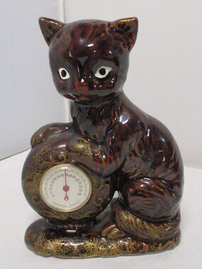 Vintage Brown  MCM Ceramic Cat Figure Figurine with Thermometer